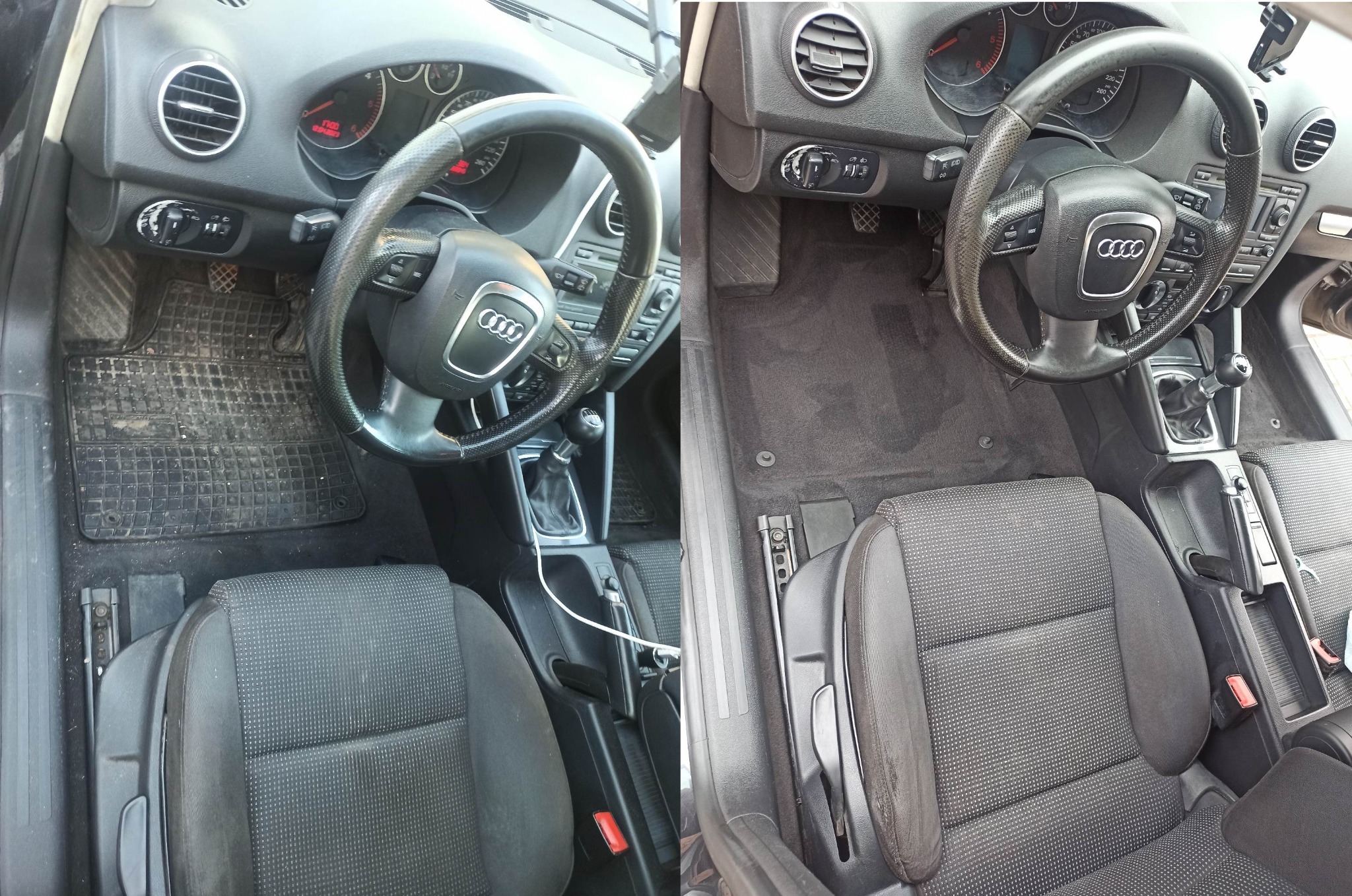Porównanie wnętrza samochodu Audi A3 przed i po czyszczeniu: widoczna różnica na dywanikach, fotelach i elementach plastikowych.