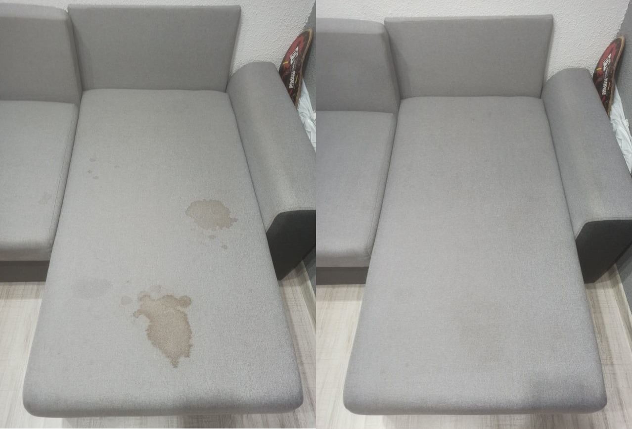 Porównanie: Jasnoszara kanapa narożna z plamami przed i po czyszczeniu. Widoczne różnice w wyglądzie tapicerki.