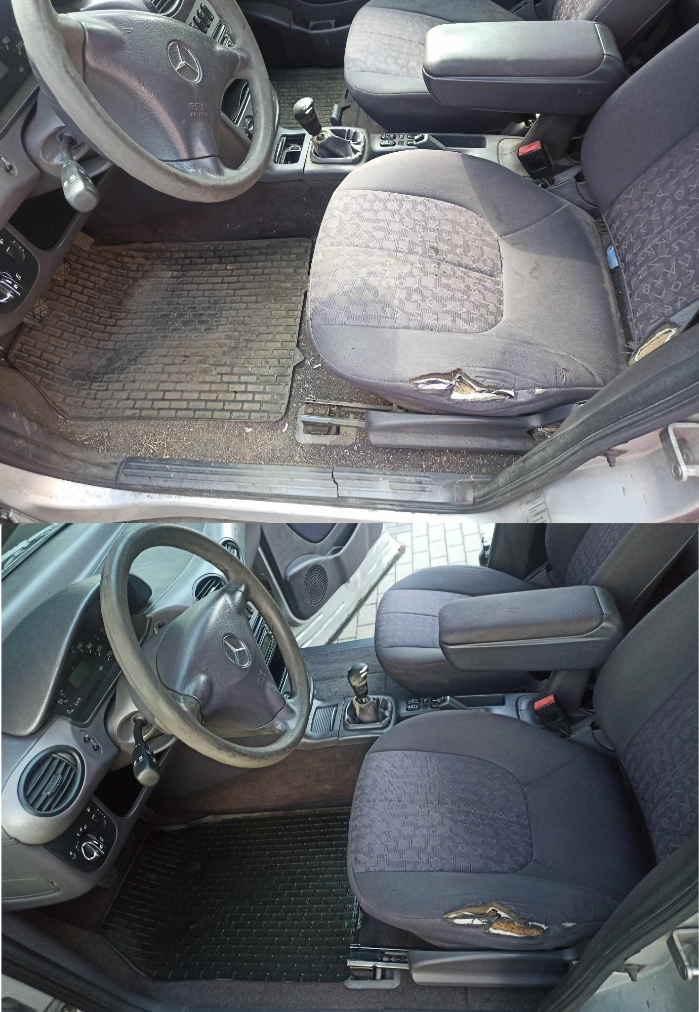 Porównanie stanu wnętrza samochodu przed i po: widoczne różnice w czystości tapicerki fotela kierowcy, dywanika i kierownicy w Mercedesie A-klasa, z wyraźnym uszkodzeniem tapicerki na siedzisku...