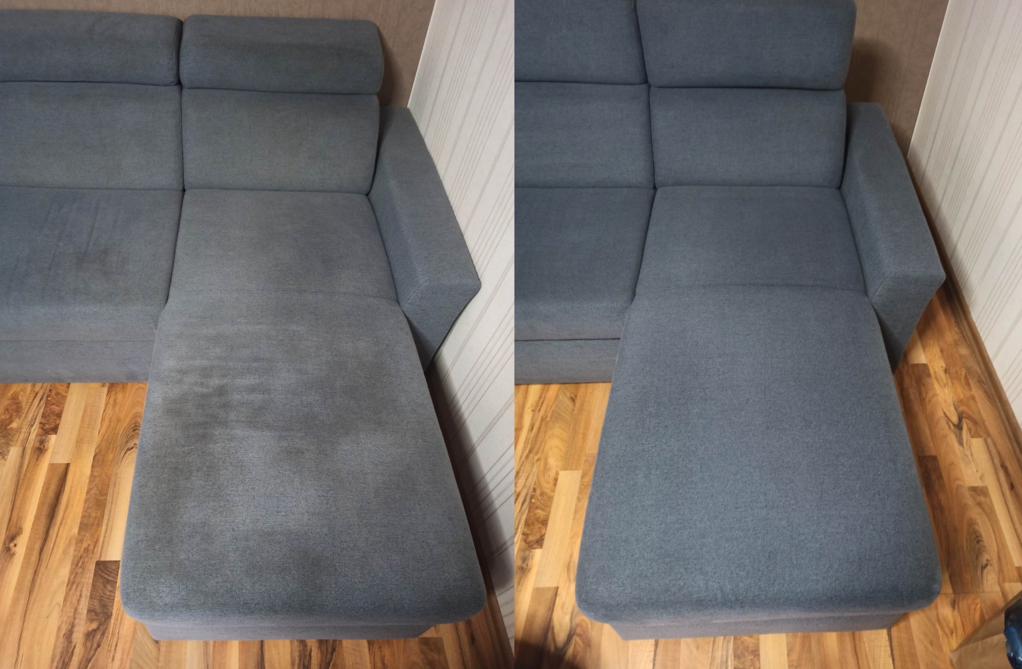 Porównanie stanu sofy przed i po czyszczeniu: wyraźna różnica w odcieniu szarości i usunięciu plam na tapicerce, widoczny fragment drewnianej podłogi.