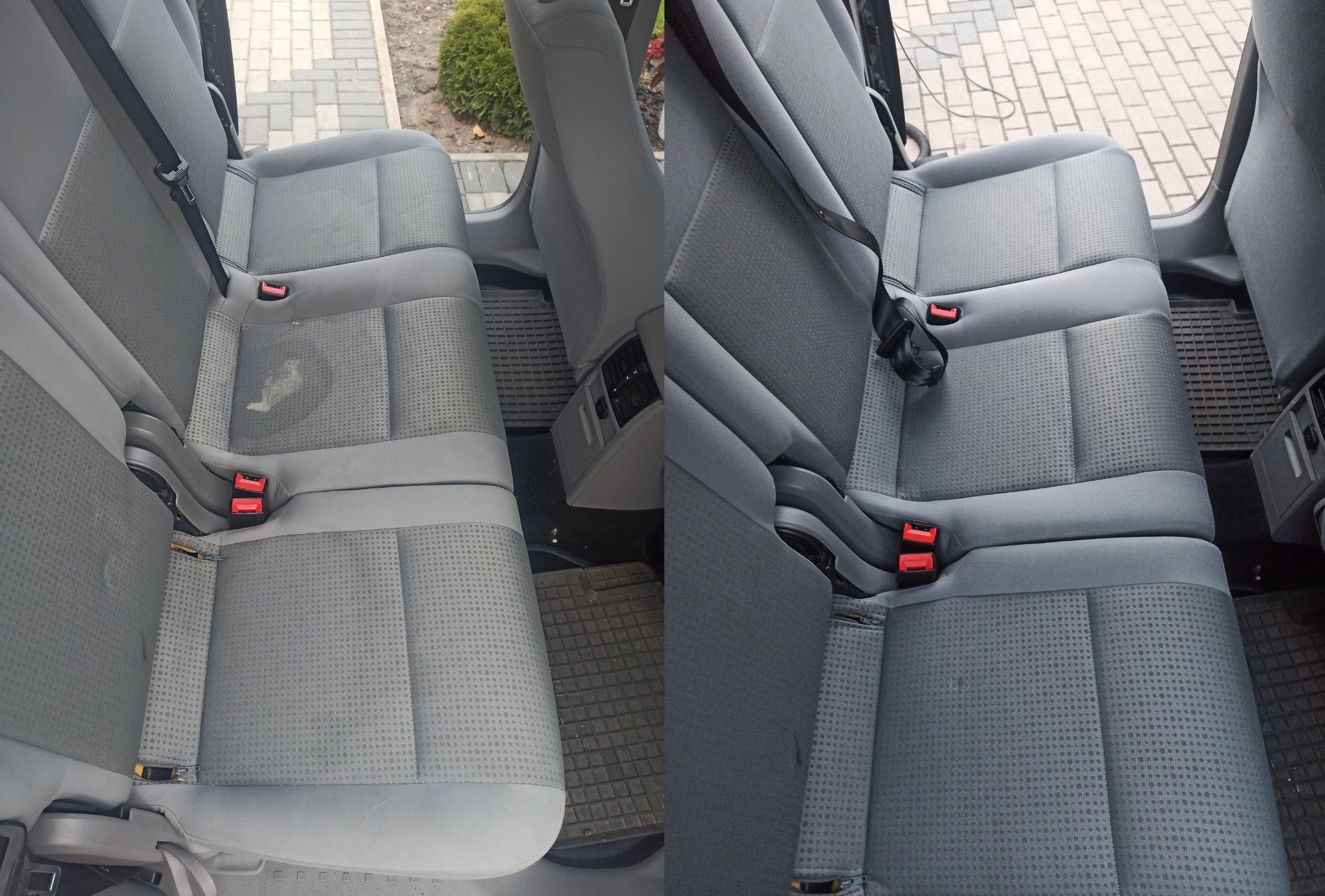 Porównanie: Szare, tekstylne siedzenia samochodowe przed i po czyszczeniu. Po lewej widoczna plama na siedzisku, po prawej czyste, odświeżone siedzenie z zapiętym pasem.