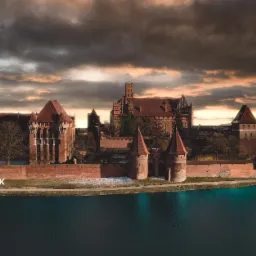 Panorama zamku w Malborku z lotu ptaka, widok na ceglane mury i wieże odbijające się w wodzie, na tle dramatycznego, zachmurzonego nieba oświetlonego promieniami zachodzącego słońca.