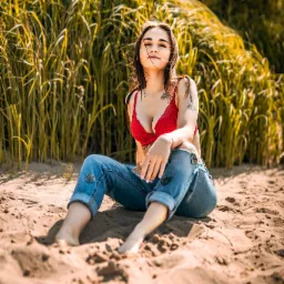 Młoda kobieta w czerwonym koronkowym biustonoszu i dżinsach siedzi boso na piaszczystej plaży, z wysoką trawą w tle, delikatne światło słoneczne podkreśla jej rysy twarzy i tatuaże na ramieniu.