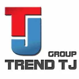 Logo firmy Trend TJ Group z czerwono-niebieskim symbolem TJ i napisem poniżej w kolorze grafitowym.