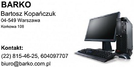 Wizytówka firmy BARKO: Bartosz Kopańczuk, adres i dane kontaktowe, obok grafika przedstawiająca komputer stacjonarny z monitorem, klawiaturą i myszką.