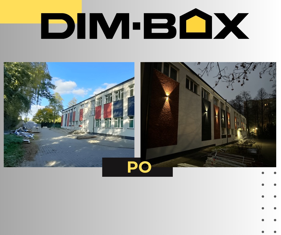 Budynek po renowacji elewacji: porównanie stanu przed i po, z nowym oświetleniem elewacyjnym i uporządkowanym terenem.