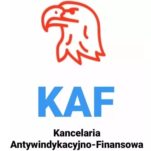 Logo Kancelarii Antywindykacyjno-Finansowej KAF z Wrocławia, przedstawiające czerwonego orła nad niebieskim skrótem nazwy firmy.