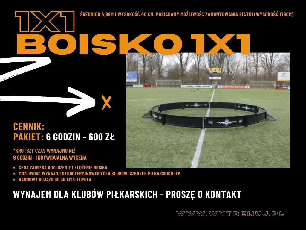 Grafika reklamowa boiska mobilnego 1x1 z informacją o cenniku i wynajmie dla klubów piłkarskich, widoczne logo boiska na tle zielonej murawy.