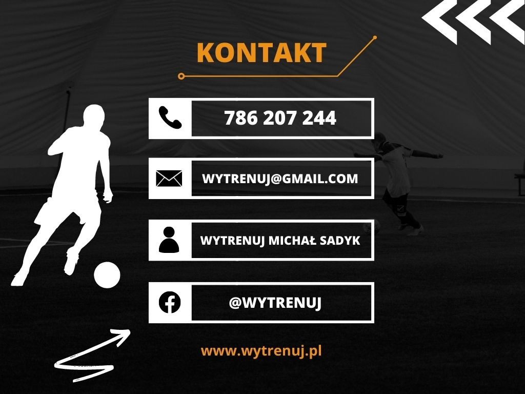 Grafika kontaktowa: numer telefonu, adres e-mail, imię i nazwisko oraz link do profilu na Facebooku i strony internetowej, obok sylwetka piłkarza w akcji.