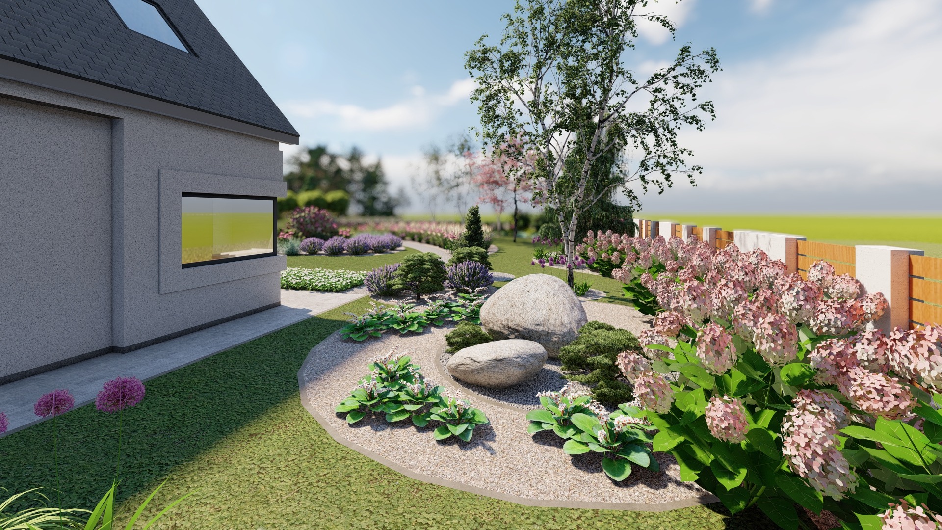 Wizualizacja ogrodu przydomowego z dużymi kamieniami, rabatami kwiatowymi i ścieżką z drobnego żwiru, w tle widoczny budynek z nowoczesnym oknem.