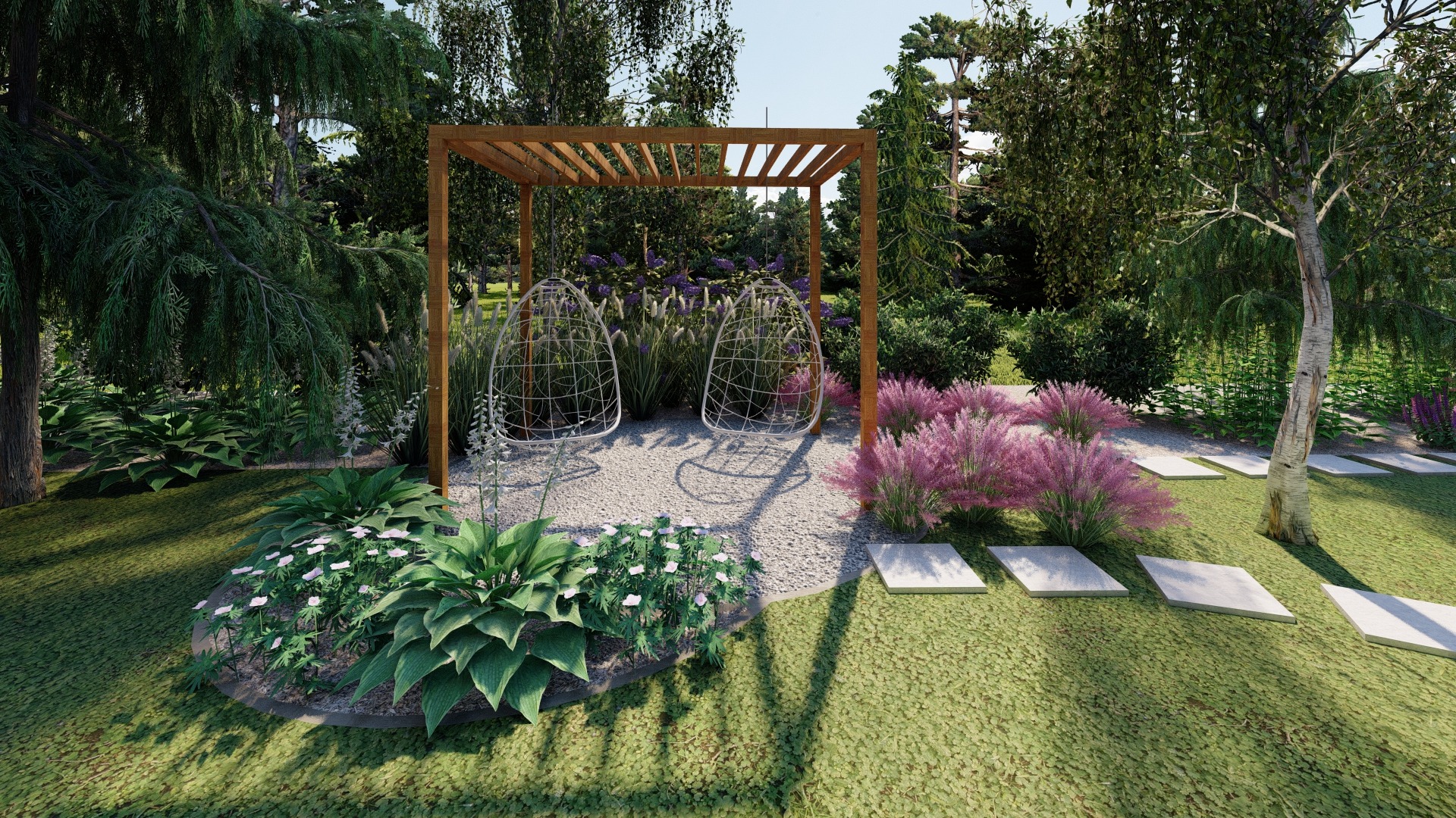Wizualizacja ogrodu z drewnianą pergolą, podwieszonymi wiklinowymi fotelami, rabatami z kwitnącymi roślinami i ścieżką z płyt chodnikowych na trawniku.