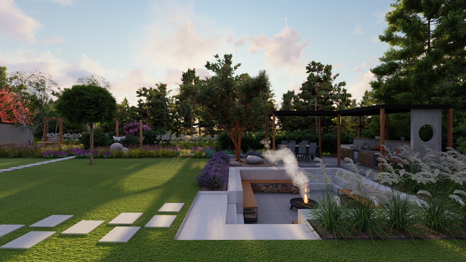 Wizualizacja ogrodu z paleniskiem, betonową ławką, ścieżką z płyt i letnią kuchnią pod pergolą, otoczona zielenią i kwitnącymi roślinami.