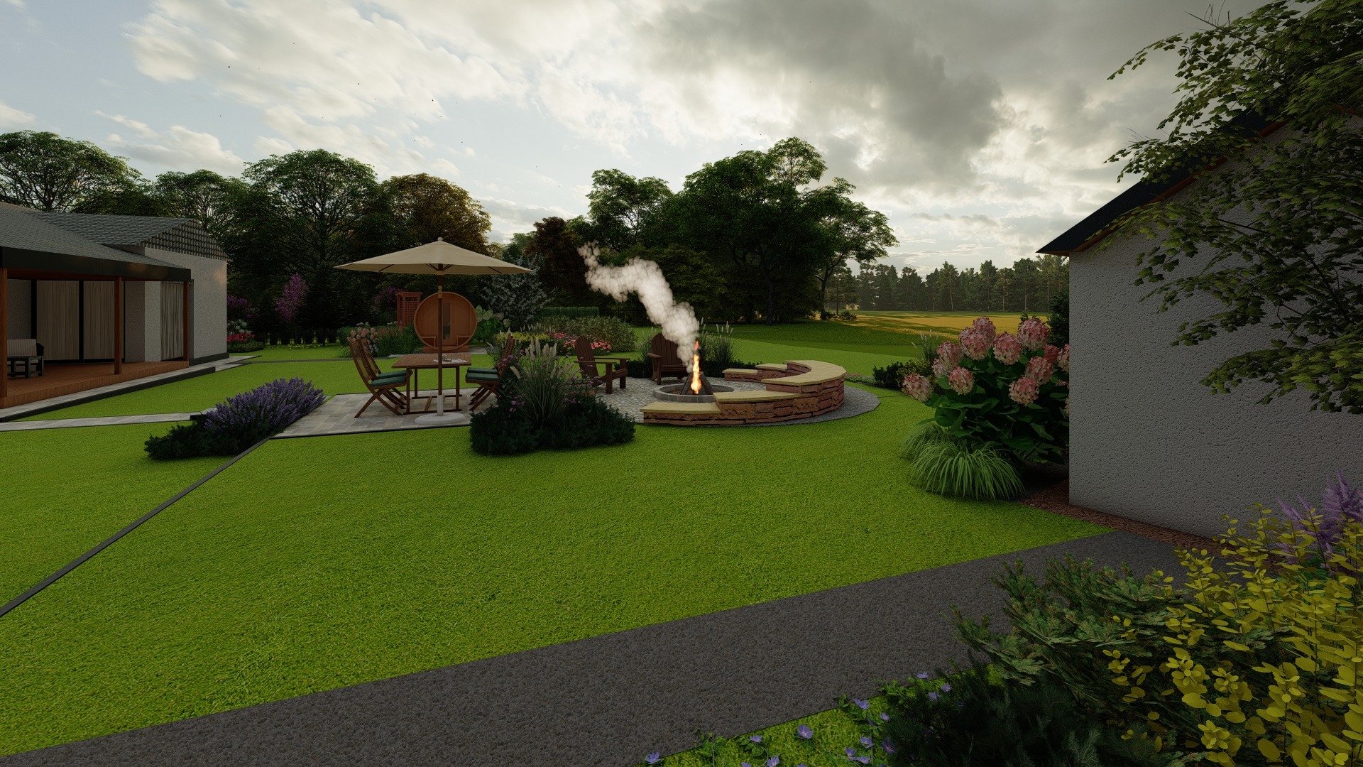 Projekt ogrodu z paleniskiem otoczonym kamienną ławą, meblami ogrodowymi i bujną zielenią, widoczne zarys domu i drzewa w tle.