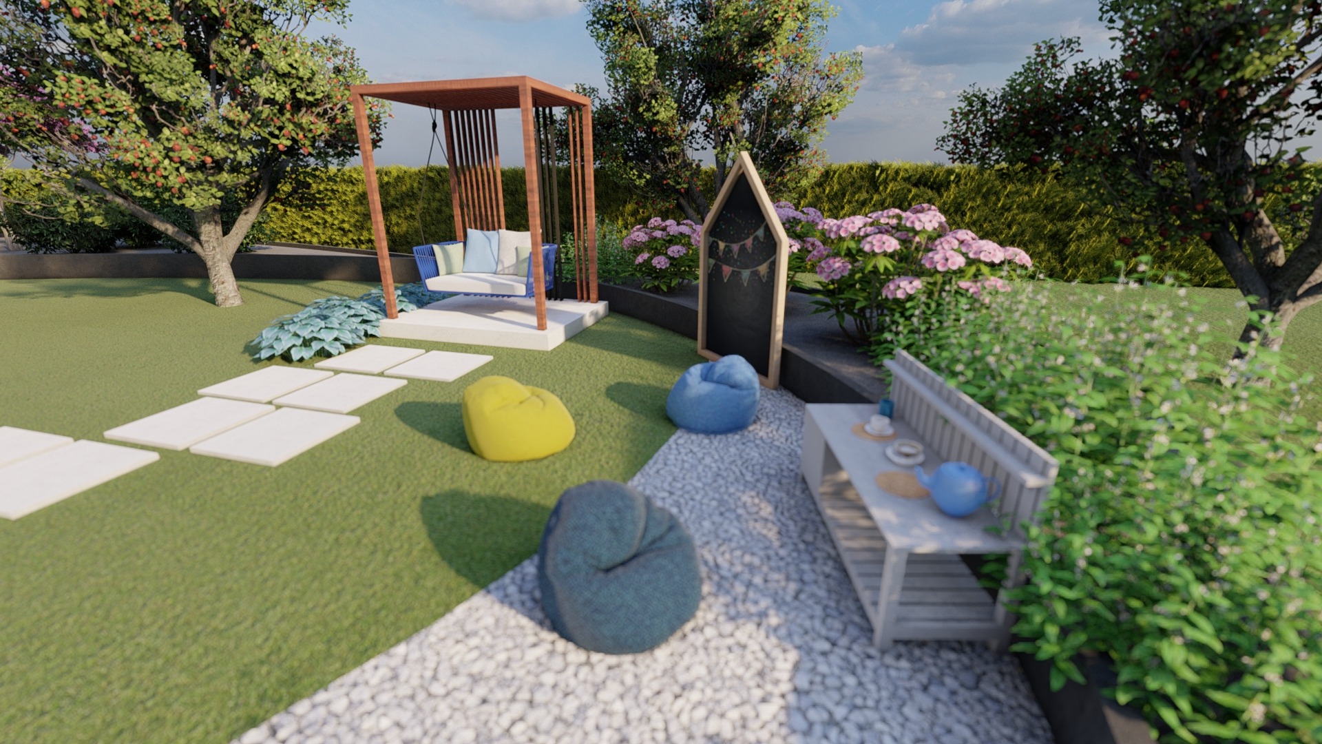 Projekt ogrodu z huśtawką w altanie, ścieżką z płyt, kolorowymi pufami, tablicą kredową i drewnianą ławką z serwisem do herbaty.