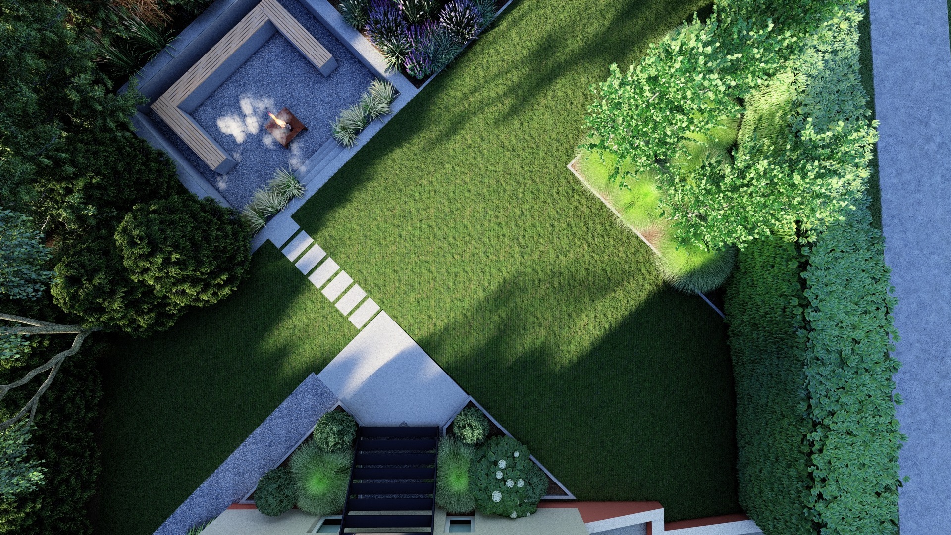 Widok z góry na starannie zaprojektowany ogród z paleniskiem otoczonym siedziskami, trawnikiem, ścieżką z płyt i różnorodną roślinnością, tworzący harmonijną przestrzeń.