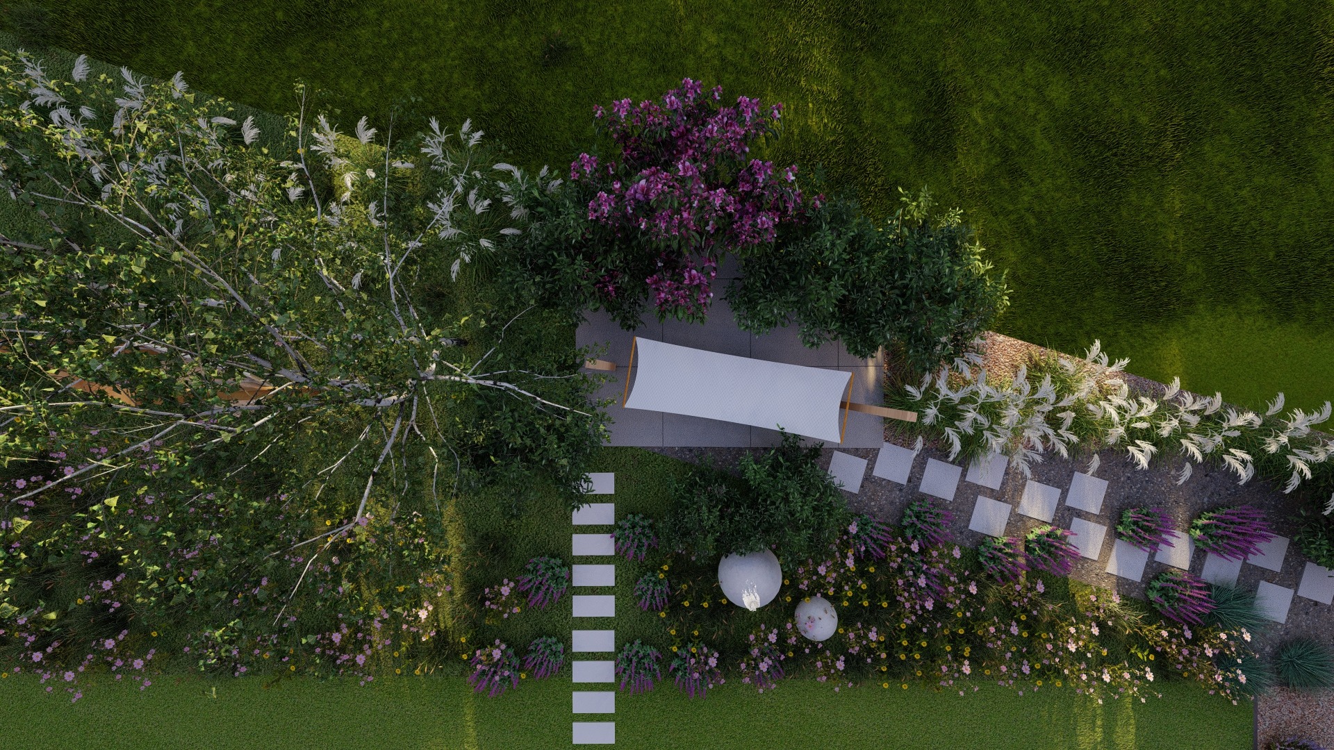 Widok z góry na zaprojektowany ogród z białą pergolą, ścieżką z kwadratowych płyt, różnorodną roślinnością, w tym drzewami, krzewami i kwiatami w odcieniach zieleni, fioletu i bieli, oraz dwoma...