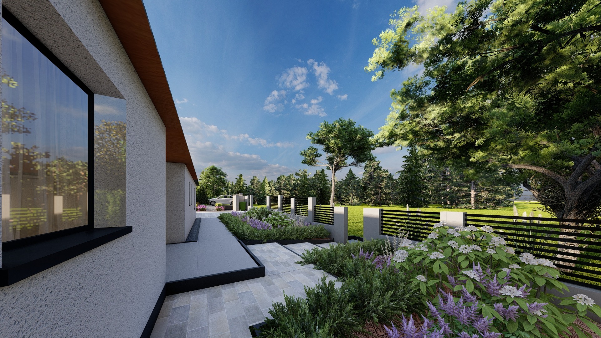 Wizualizacja ogrodu przydomowego z nowoczesnym ogrodzeniem poziomym, rabatami kwiatowymi i ścieżką z jasnej kostki brukowej, widok z perspektywy domu.