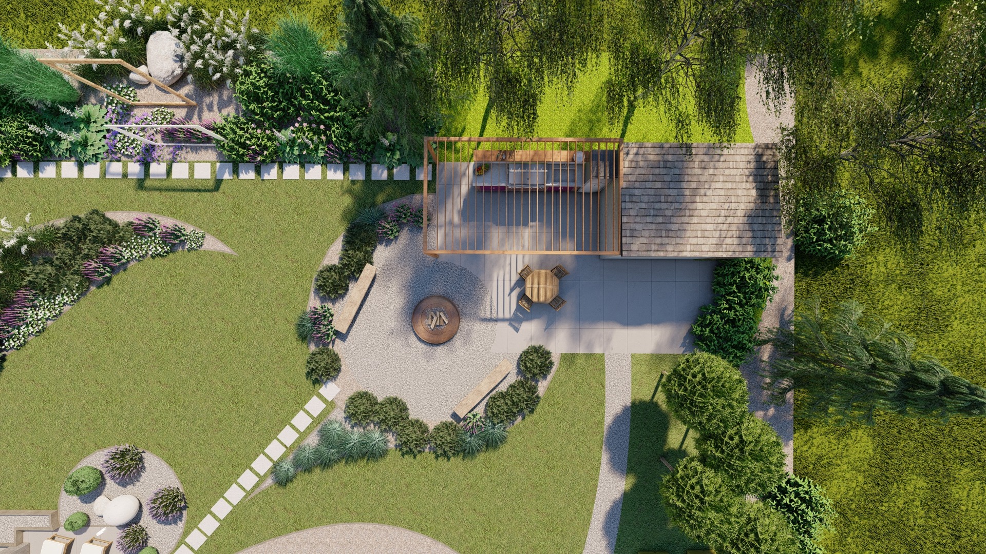 Widok z góry na wizualizację ogrodu z pergolą, paleniskiem, ścieżkami z płyt i bujną roślinnością.