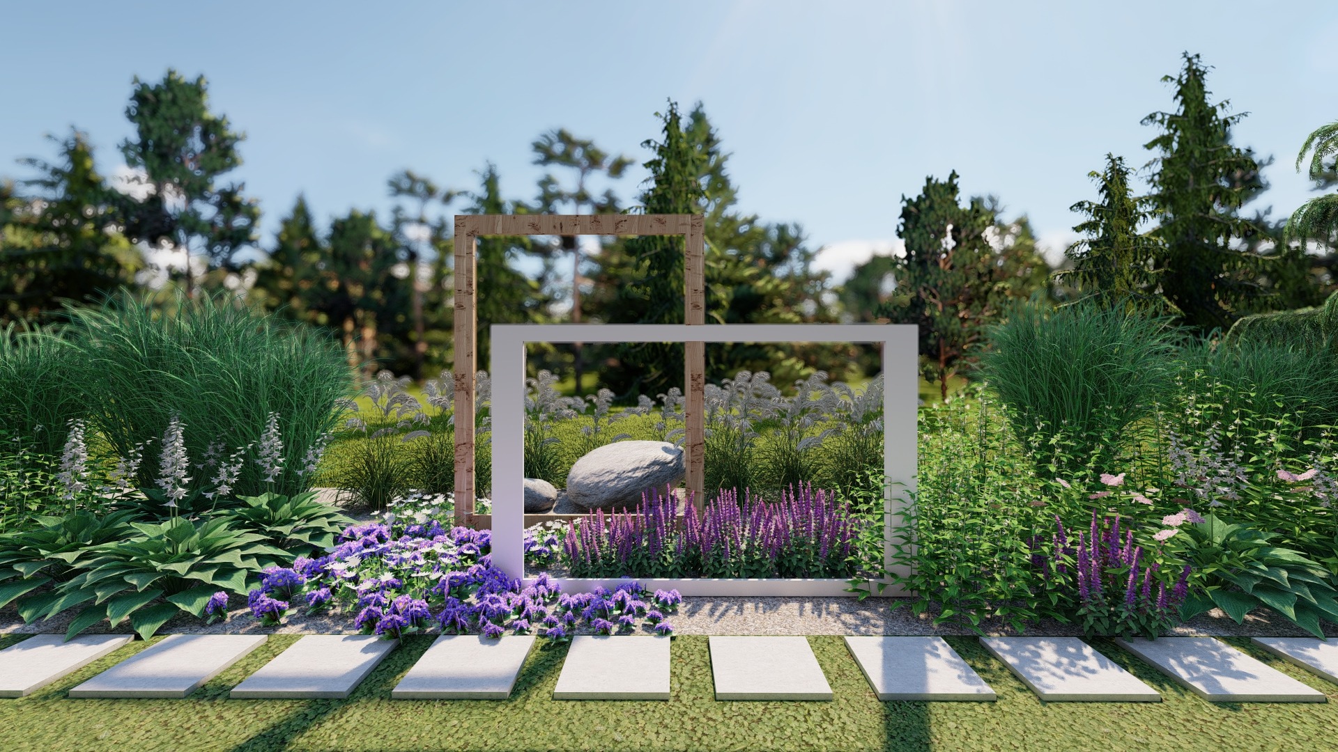 Aranżacja ogrodu z kamienną ścieżką, rabatami kwiatowymi i dekoracyjnymi ramami z widokiem na drzewa w tle.