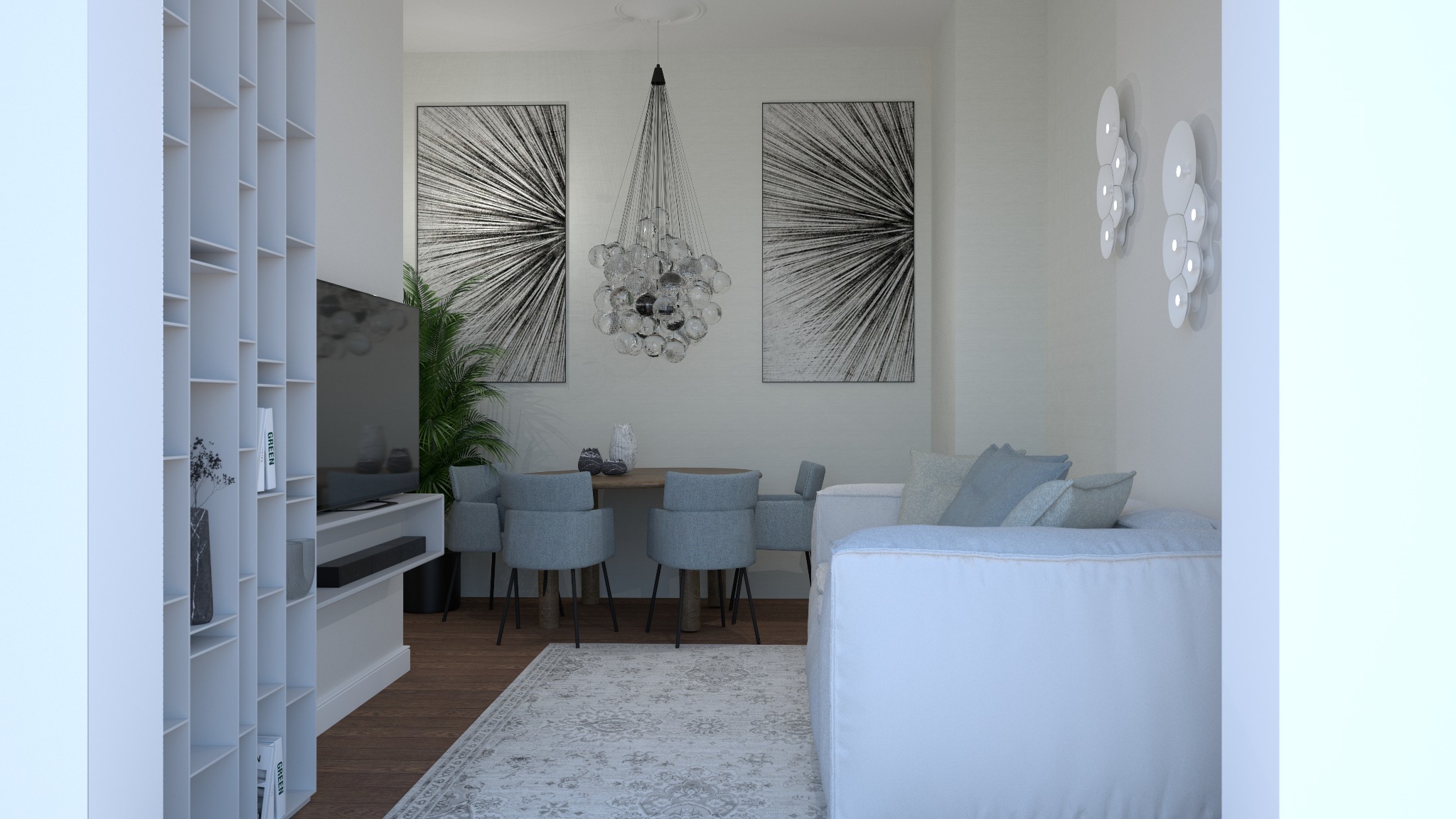 Nowoczesne wnętrze z białymi ścianami, szarą sofą, okrągłym stołem z szarymi krzesłami, wiszącym kryształowym żyrandolem i abstrakcyjnymi obrazami na ścianach, uzupełnione regałem z książkami...
