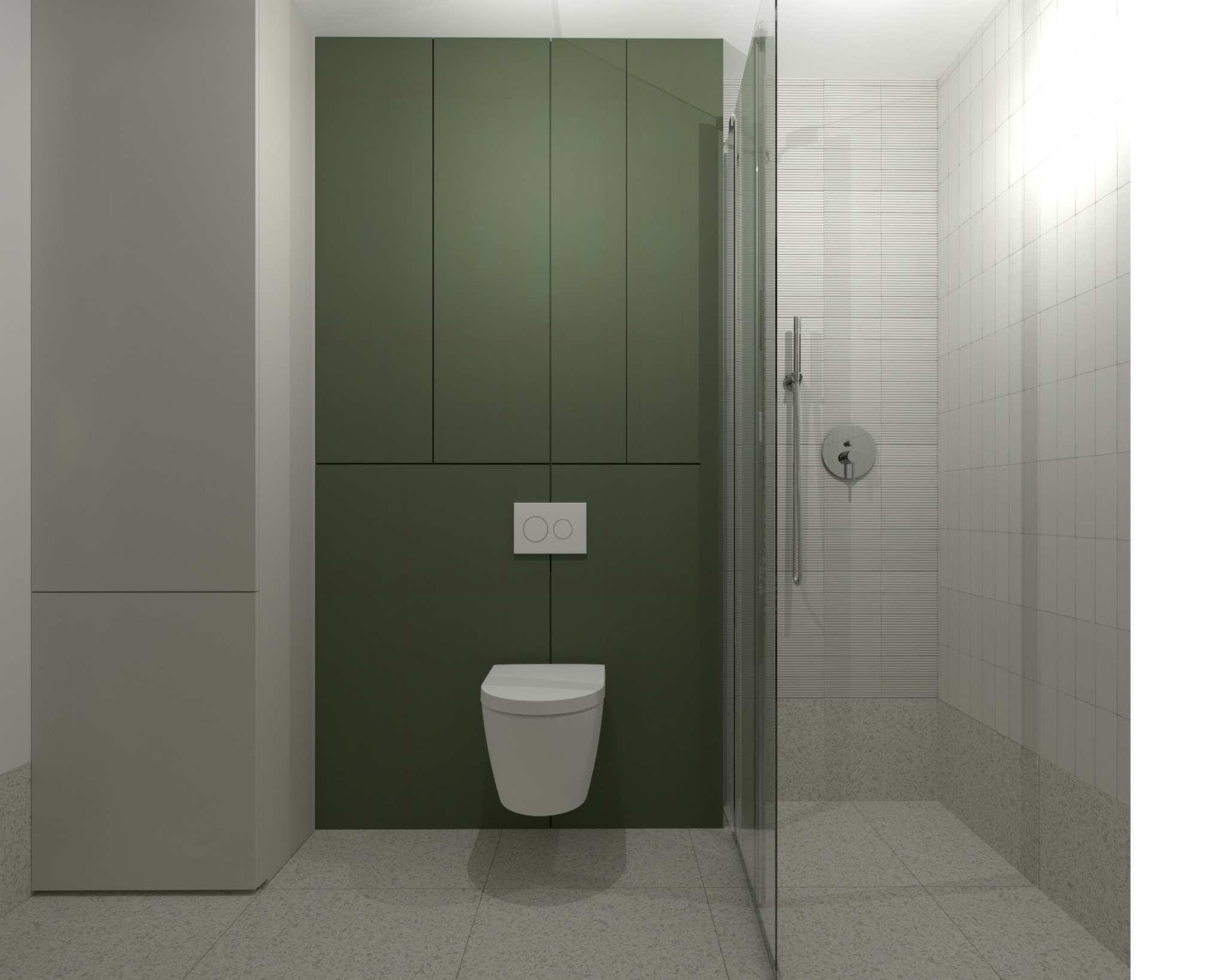 Minimalistyczna łazienka z wiszącą toaletą, zielonymi szafkami i kabiną prysznicową z poziomymi płytkami.