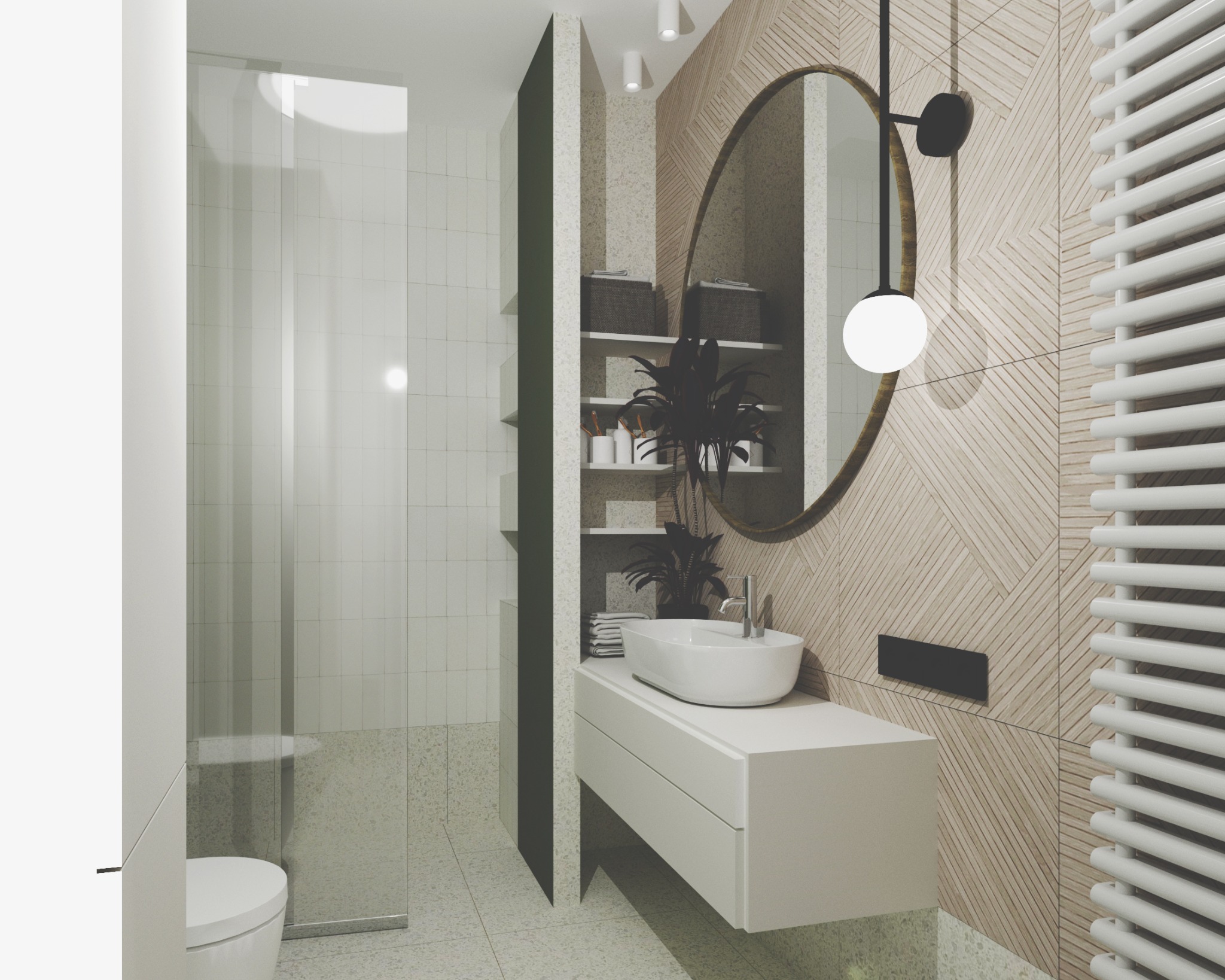 Nowoczesna łazienka z kabiną prysznicową, umywalką nablatową na białej szafce, owalnym lustrem z oświetleniem i grzejnikiem drabinkowym na ścianie z drewnopodobnych paneli.