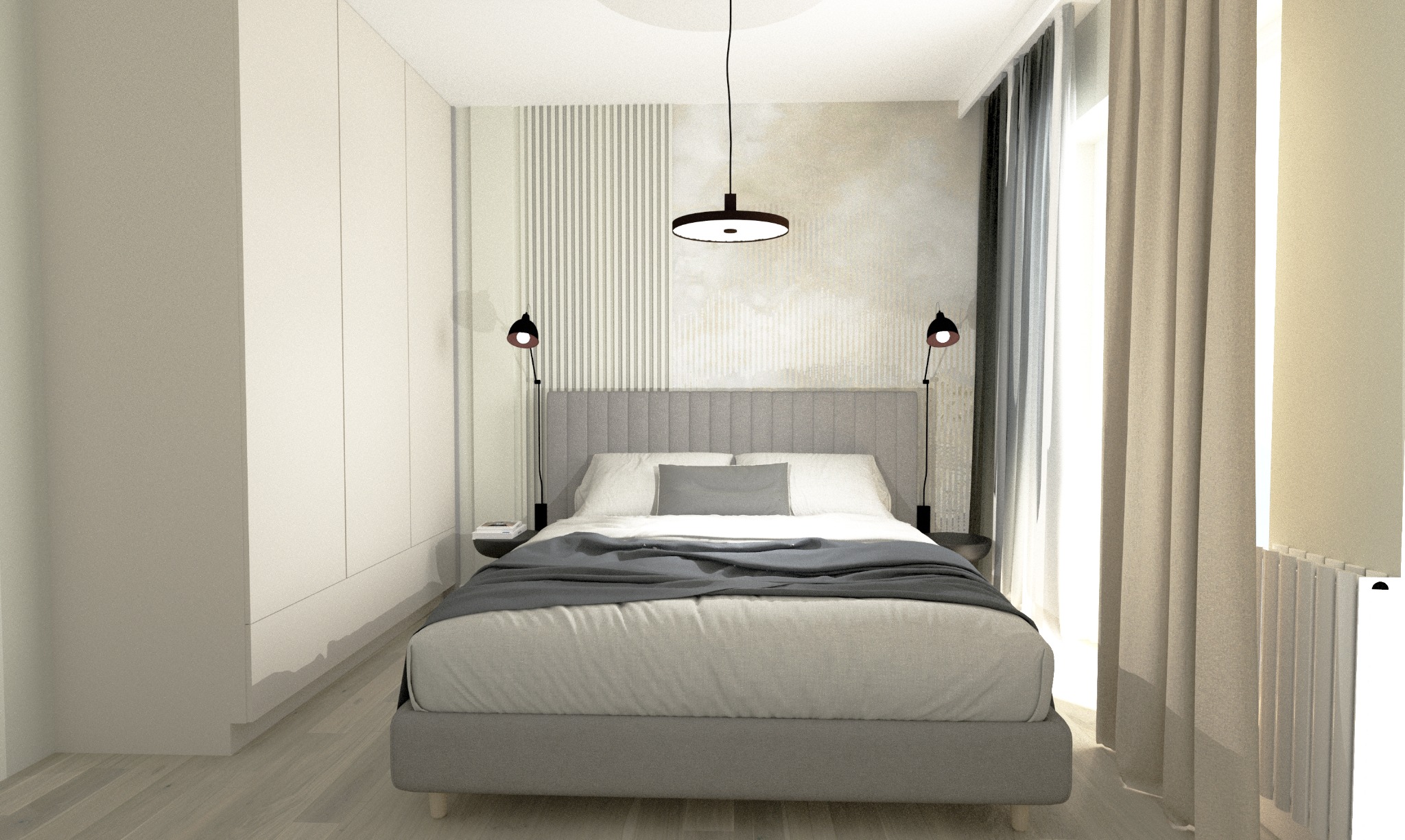 Nowoczesna sypialnia w odcieniach szarości i bieli z łóżkiem, szafą w zabudowie, lampkami nocnymi i dekoracyjną ścianą za wezgłowiem.