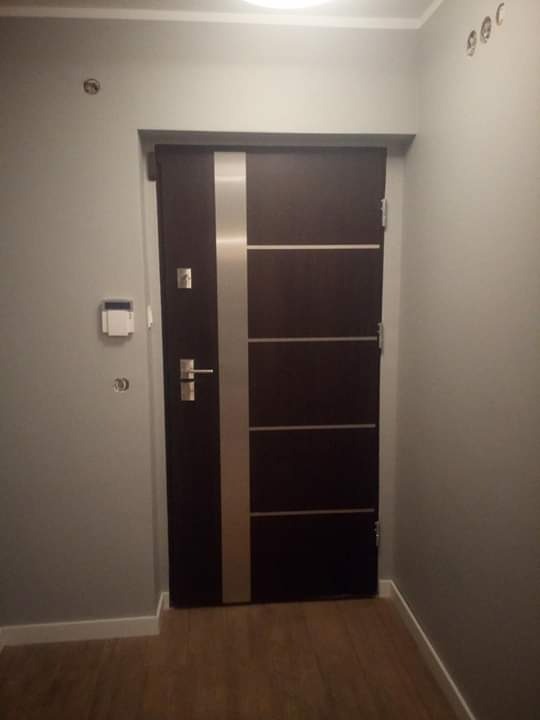 Zamknięte, ciemnobrązowe drzwi wejściowe z pionowym, srebrnym panelem i poziomymi, cienkimi paskami, zamontowane w szarej ścianie, widok z bliska.