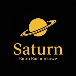 Złote logo 'Saturn Biuro Rachunkowe' na czarnym tle. Stylizowana planeta z pierścieniami. Elegancki font nazwy firmy.