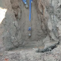 Głęboki wykop w ziemi z widocznymi fragmentami rur wodociągowych i elementami instalacji, częściowo wypełniony wodą i piaskiem, z nogami osoby w jeansach i butach roboczych widocznymi na górze.