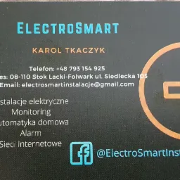 Wizytówka firmy ElectroSmart z danymi kontaktowymi: imię i nazwisko, numer telefonu, adres, adres email oraz listą usług: instalacje elektryczne, monitoring, automatyka domowa, alarm, sieci...