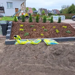 Przygotowanie rabaty w ogrodzie: ułożone obrzeża z kostki, wysypana kora, posadzone niskie krzewy i tuje, worki z torfem ogrodowym na ziemi.