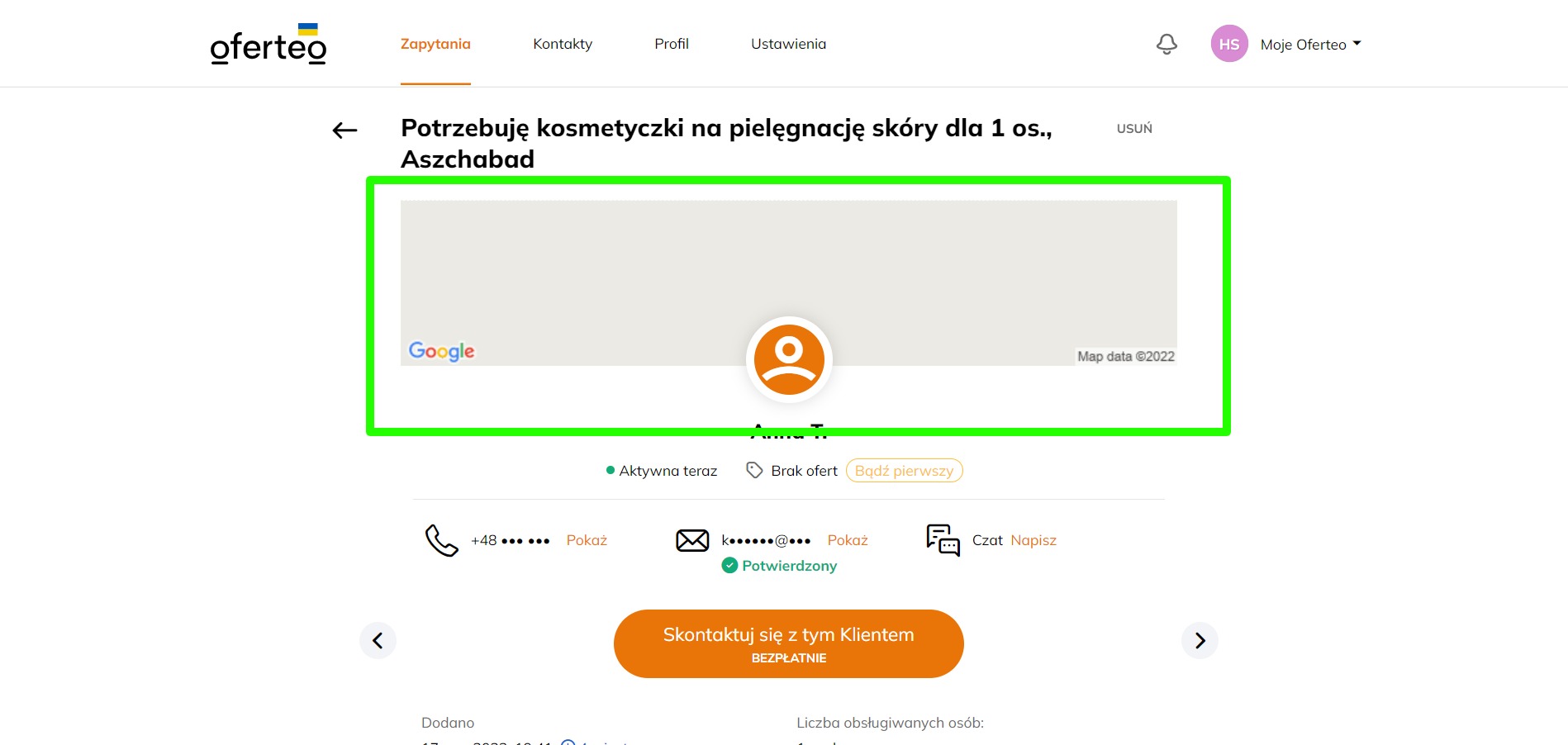 Zrzut ekranu zapytania na Oferteo.pl o kosmetyczkę do pielęgnacji skóry w Aszchabadzie, z mapą Google lokalizacji, ikoną użytkownika, danymi kontaktowymi i statusem 'Aktywny teraz'.
