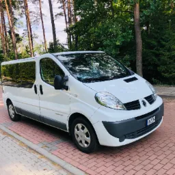 Biały van Renault Trafic Passenger z przyciemnianymi szybami, zaparkowany na chodniku z czerwonej kostki brukowej, na tle drzew.