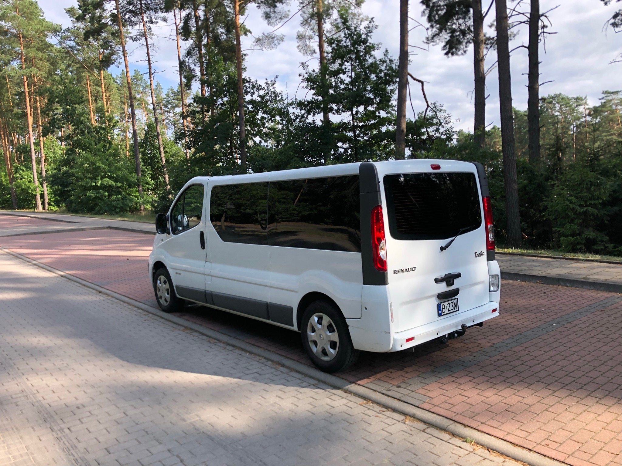Biały bus Renault Trafic zaparkowany na chodniku z kostki, widok z tyłu, tło z drzew i krzewów.