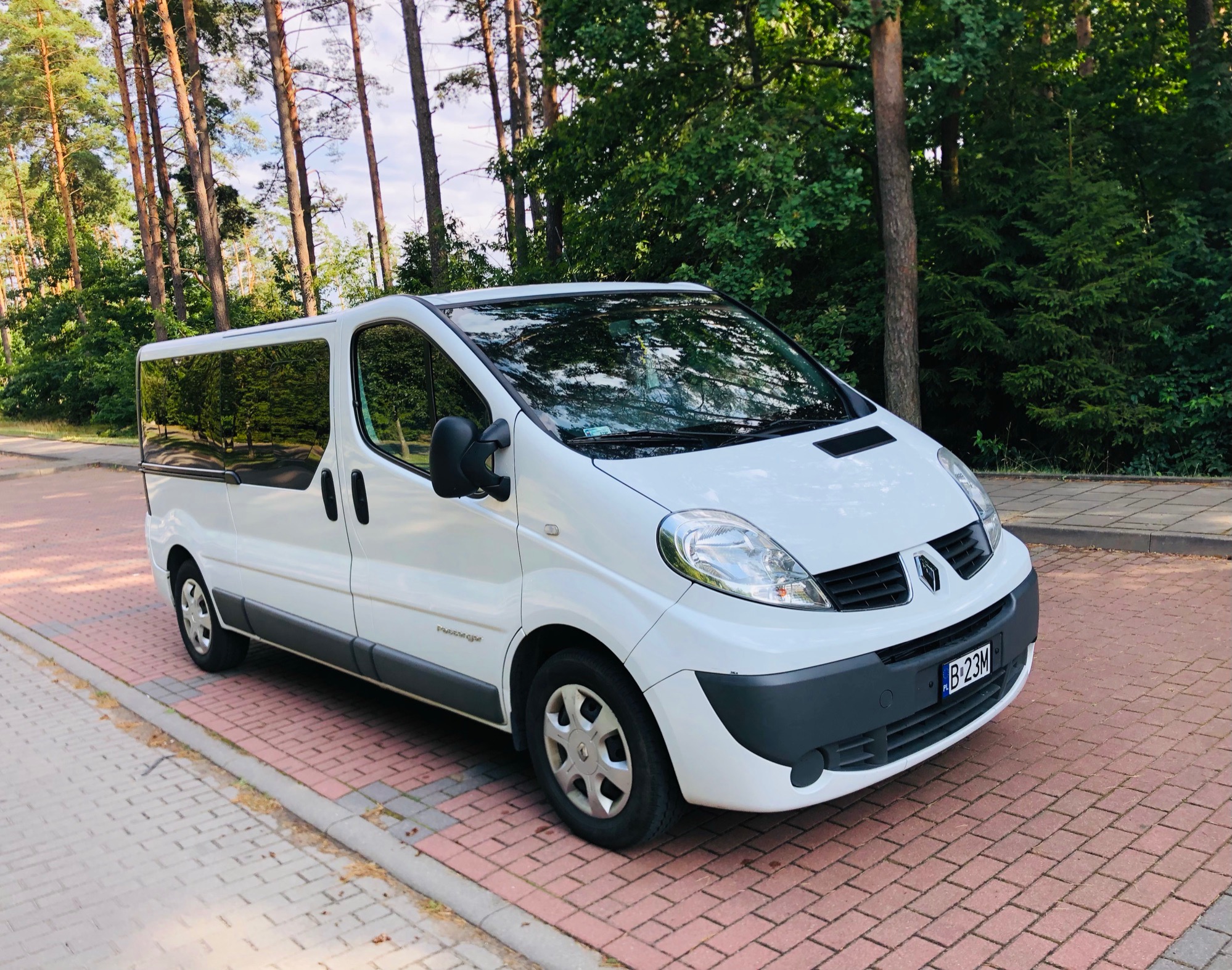 Biały van Renault Trafic Passenger z przyciemnianymi szybami, zaparkowany na chodniku z czerwonej kostki brukowej, na tle drzew.