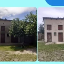 Porównanie budynku przed i po czyszczeniu elewacji, widoczne różnice w kolorze i czystości ścian, zieleń trawy i drzew wokół.