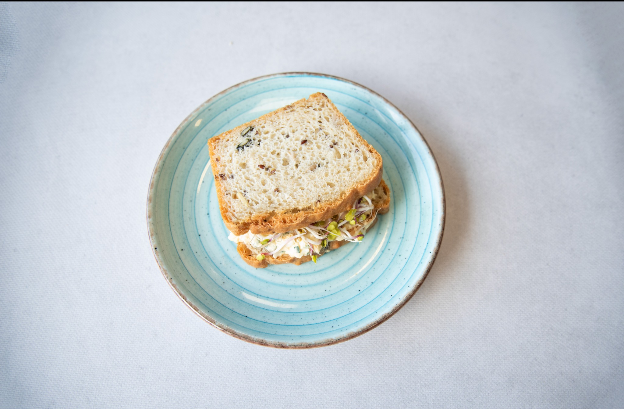 Kanapka ze świeżymi kiełkami na talerzu w odcieniach błękitu, pieczywo z widocznymi ziarnami, jasne tło.