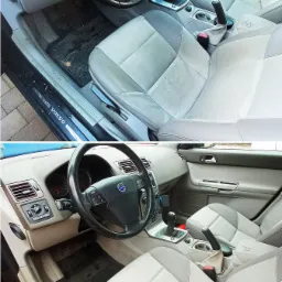 Porównanie wnętrza samochodu Volvo przed i po czyszczeniu tapicerki, widoczne różnice w odcieniach szarości na siedzeniach i dywanikach.