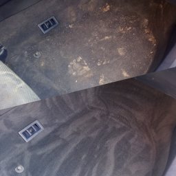 Mały Garaż - Porównanie: Dywanik samochodowy przed i po czyszczeniu, widoczne zabrudzenia i efekt po usunięciu brudu.