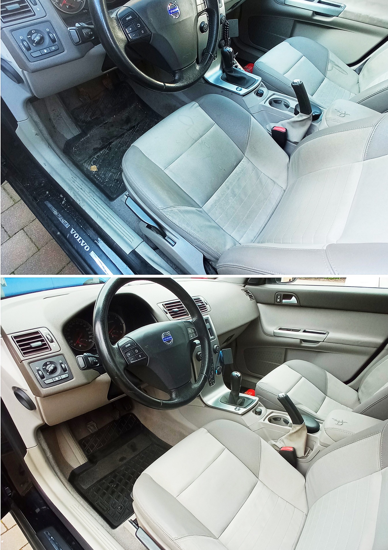 Porównanie wnętrza samochodu Volvo przed i po czyszczeniu tapicerki, widoczne różnice w odcieniach szarości na siedzeniach i dywanikach.