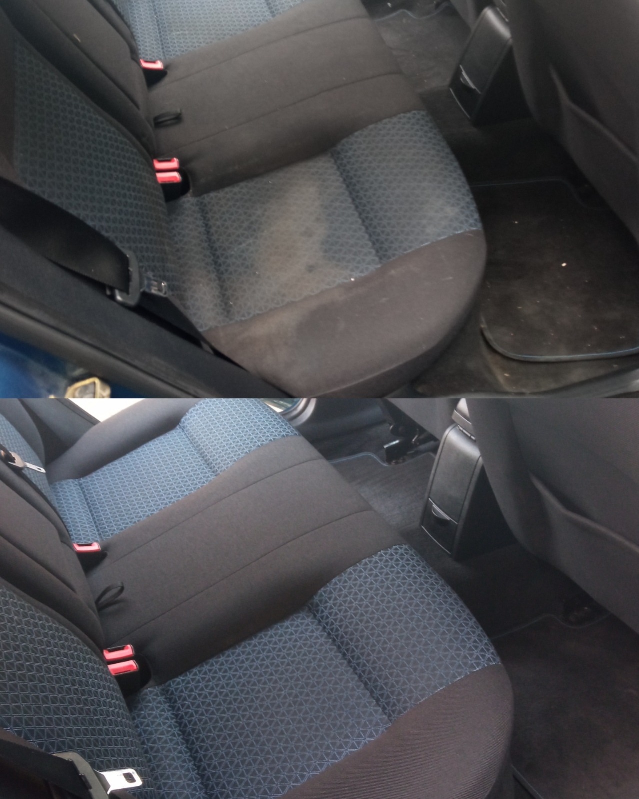 Porównanie: tylna kanapa samochodu przed i po czyszczeniu, widoczne znaczne usunięcie zabrudzeń i plam z tapicerki oraz dywanika podłogowego.