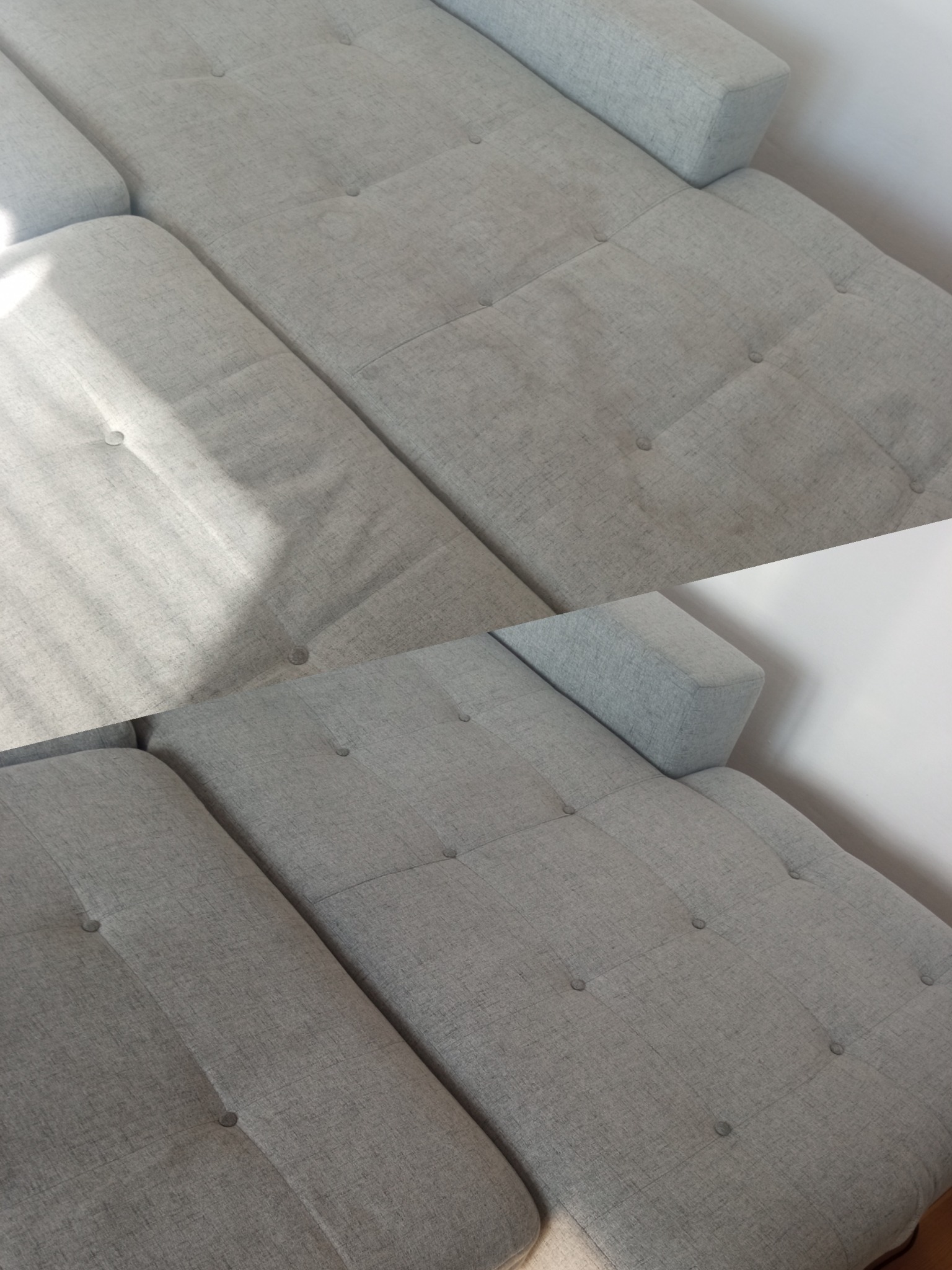 Fragment szarej, modułowej kanapy z tapicerowanymi guzikami, oświetlony naturalnym światłem z boku, widok z góry.