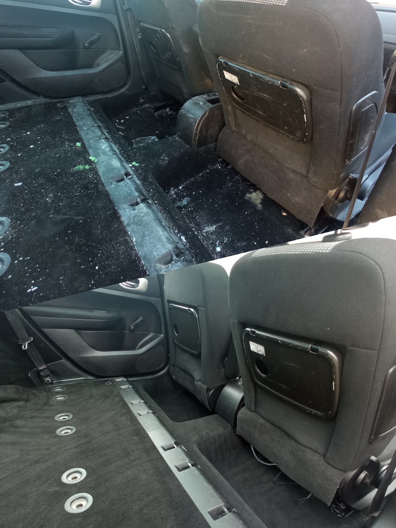 Porównanie stanu podłogi samochodu przed i po czyszczeniu: góra - zabrudzona, z widocznymi plamami i resztkami, dół - czysta, z odkurzoną tapicerką.