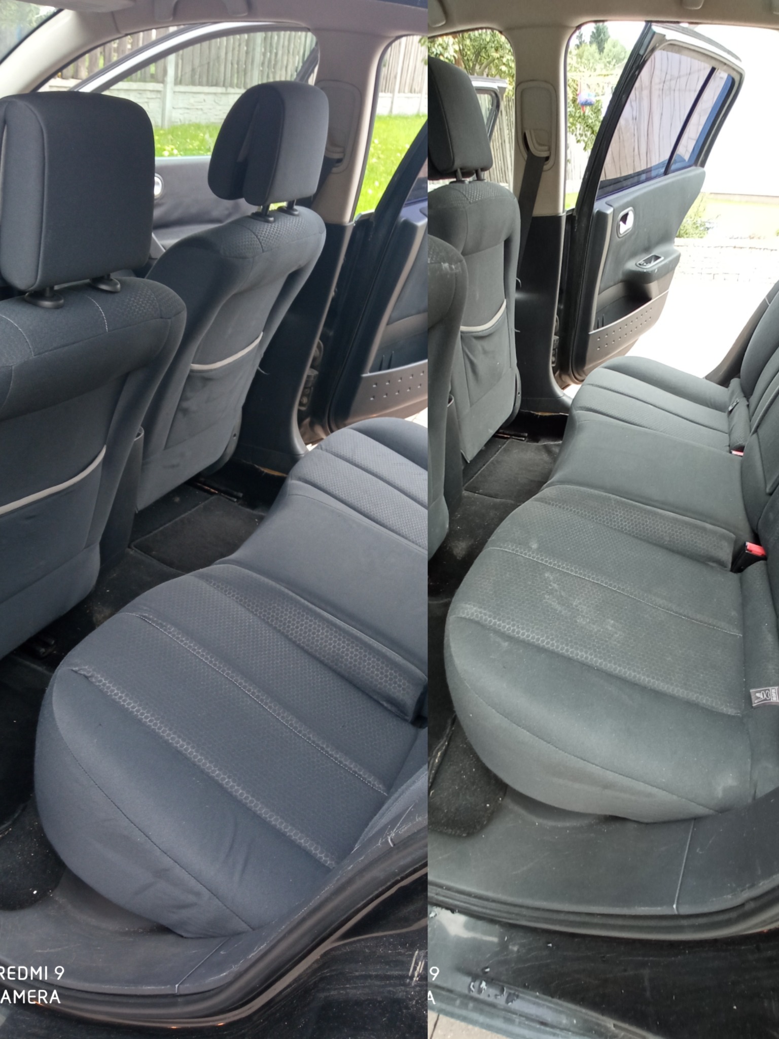 Porównanie tylnej kanapy samochodu przed i po czyszczeniu, widoczne różnice w odcieniu i usunięciu zabrudzeń, otwarte drzwi auta.