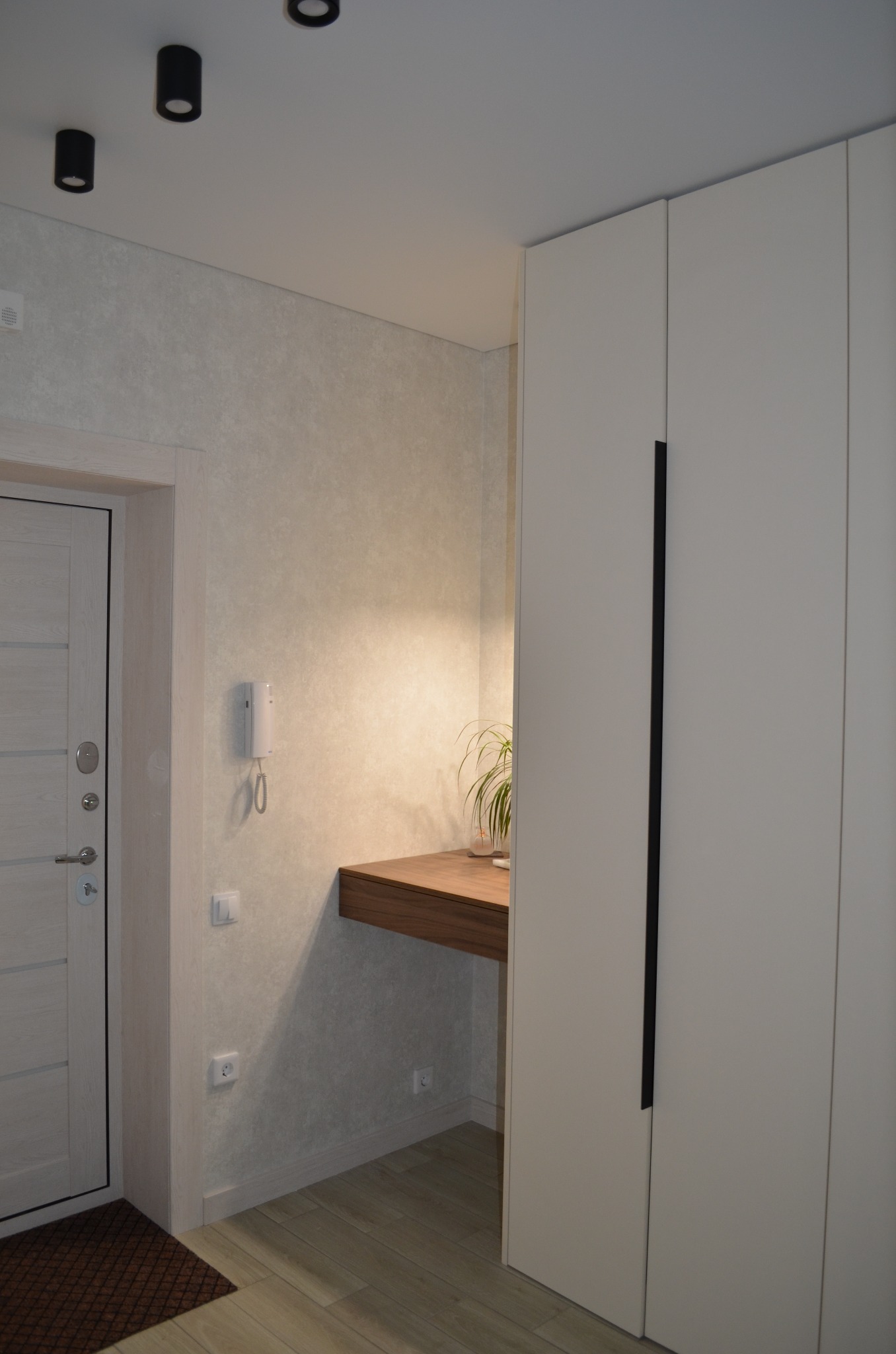 Minimalistyczny przedpokój z białą szafą w zabudowie, drewnianą półką-biurkiem i zieloną rośliną doniczkową, oświetlony punktowo.