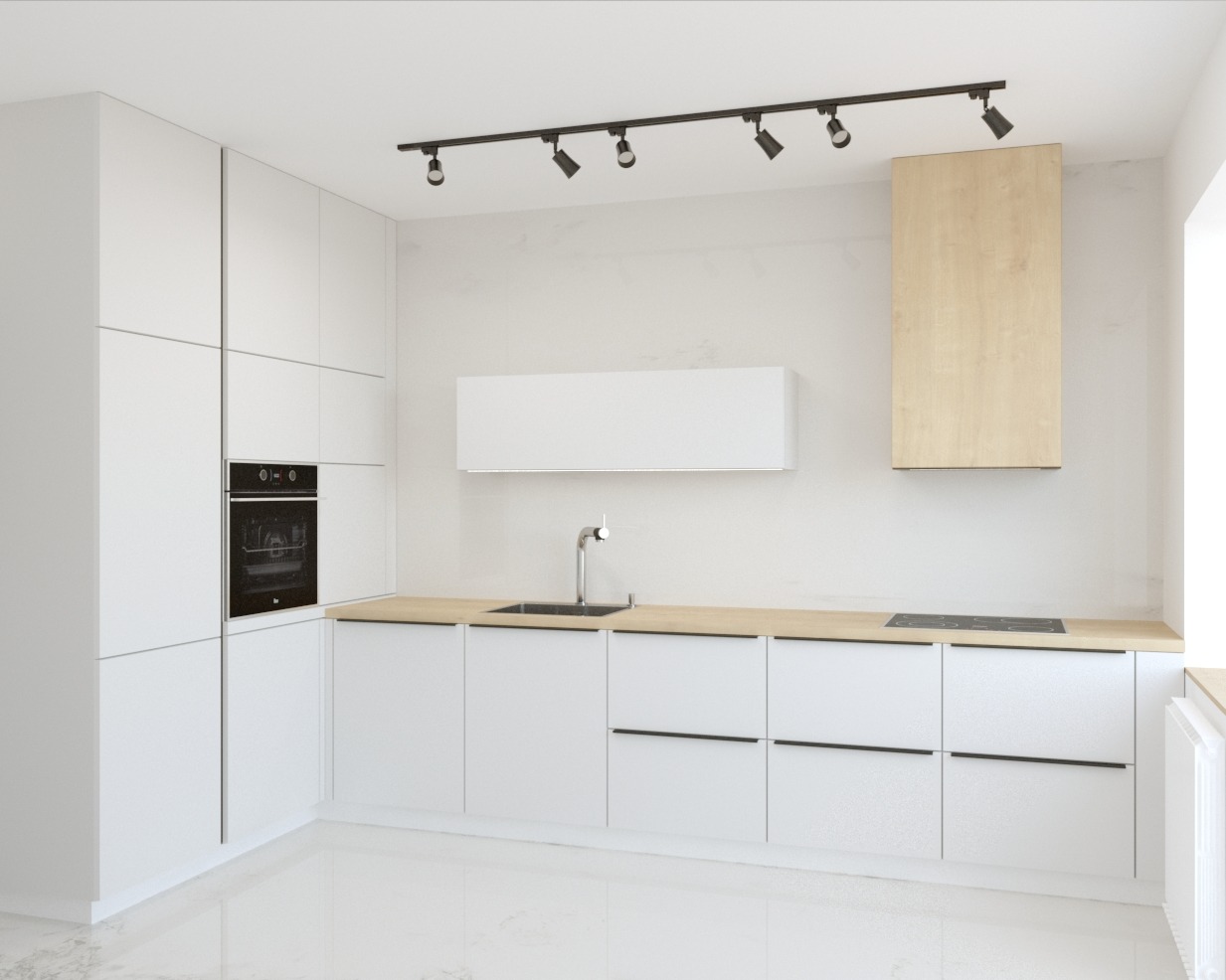 Minimalistyczna, jasna kuchnia z białymi frontami szafek i drewnianym blatem, oświetlona reflektorami sufitowymi i z drewnianym okapem.