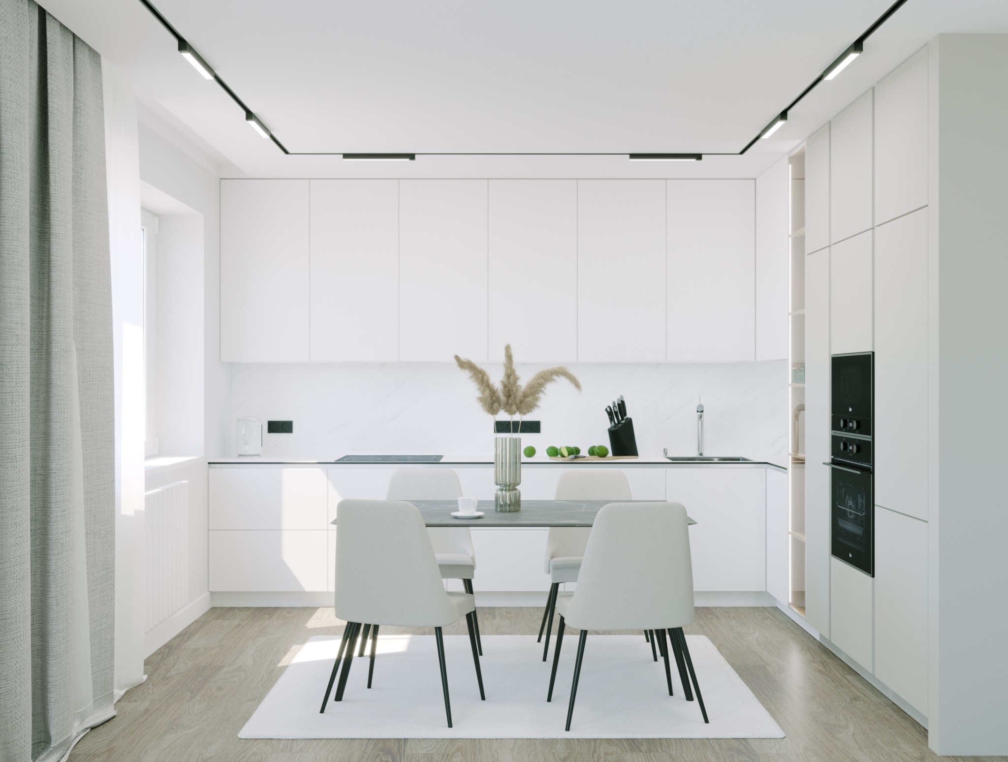 Jasna kuchnia z białymi meblami, czarnymi akcentami oświetleniowymi i stołem z krzesłami, minimalistyczny wystrój z dekoracyjnym wazonem i owocami na blacie.