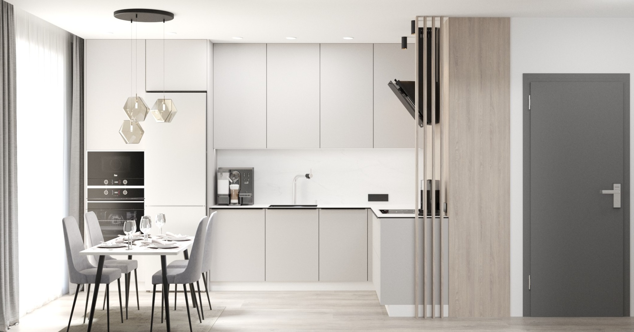 Nowoczesna kuchnia w odcieniach bieli i szarości z elementami drewna, stół z nakryciem dla czterech osób, geometryczne lampy wiszące nad stołem, ekspres do kawy na blacie.