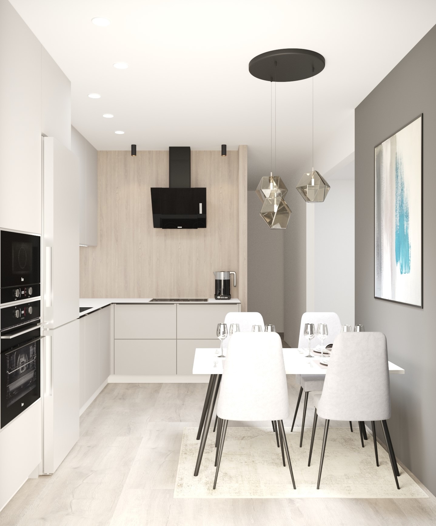 Jasna, minimalistyczna kuchnia z jadalnią: białe meble, stół z krzesłami, nowoczesne oświetlenie i drewniane akcenty na ścianie.
